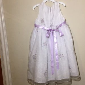Girls White Formal Dress with Purple Flower Detail